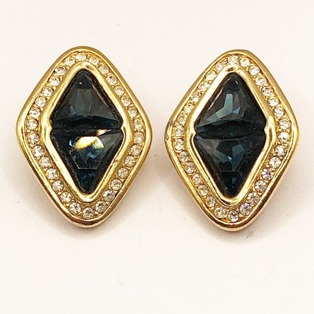 Vintage Signed Swarovski SAL Sapphire blue and clear crystal gold tone clip on